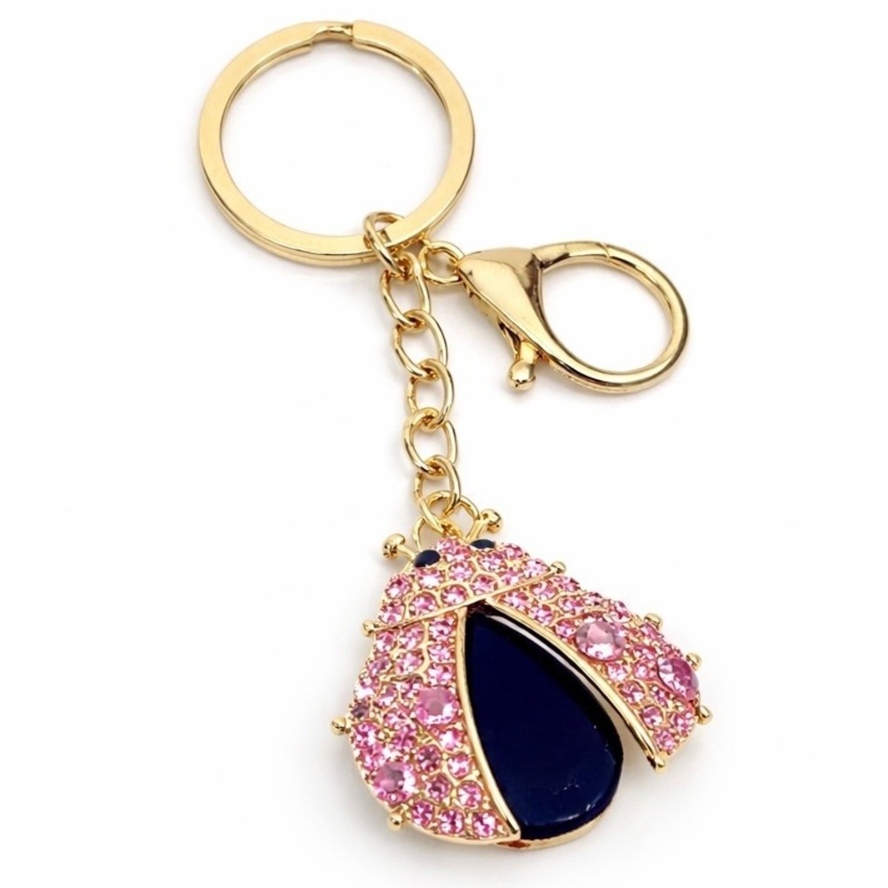 Pink Gold-Tone Ladybug Key Chain Charm Rhinestone Lobster Clasp 4"